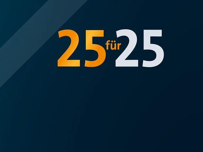 Logo zum Wahlcheck des Handwerks zur Bundestagswahl 2025: bestehend aus zwei Zahlen in orange und weiß \"25für25\" auf einem schwarzem Hintergrund.