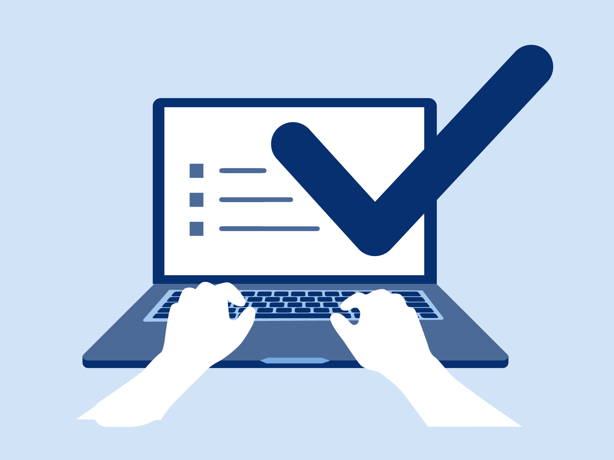 Illustration von einem Laptop darauf zwei Hände die schreiben, darauf rechts oben ein großes Häkchen