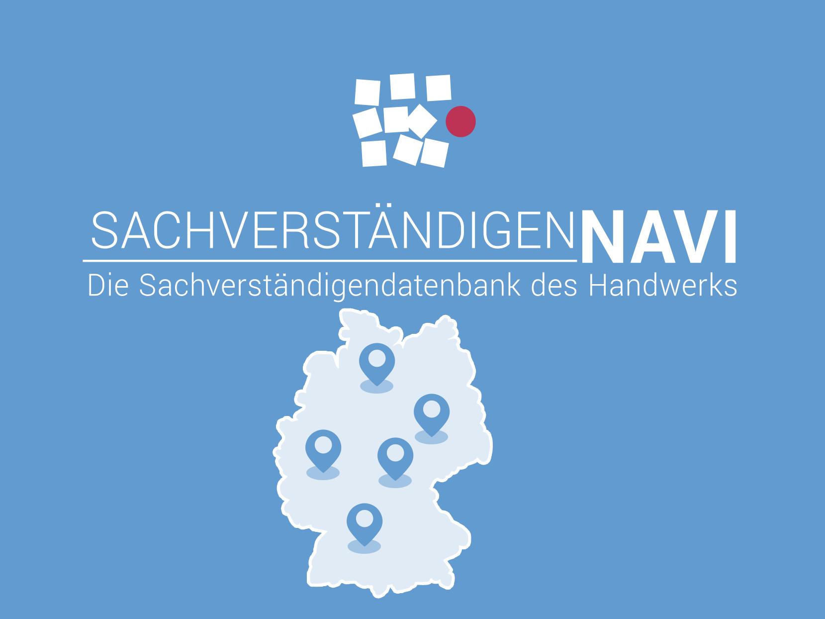 Weißes Logo des SachverständigenNAVI: abstrakte Vierecke die an Pflastersteine erinnern, daneben ein roter Kreis. Darunter der Schriftzug \"SachverständigenNAVI - Die Sachverständigendatenbank des Handwerks\" auf hellblauem Hintergrund.
